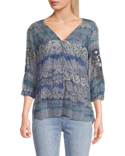 Johnny Was Mazzy Ruched Blouse in Blue | Lyst