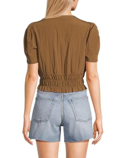 Wdny Blue Shirred Zip Front Crop Top