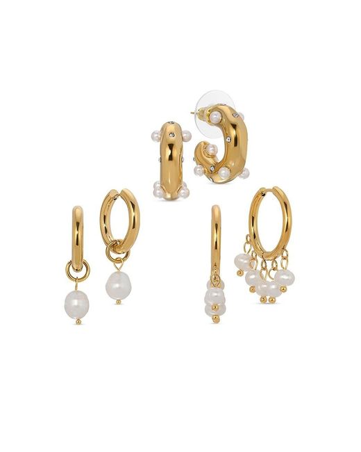 Eye Candy LA Metallic The Luxe Selma 3-piece Goldtone & Shell Pearl Hoop Earrings Set