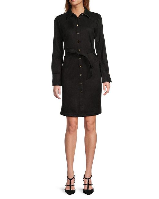 Halston Women's Black Scuba-Suede Button-Front Shirtdress