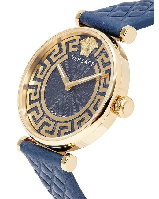 Versace Blue Greca Chic 35Mm Ip Goldtone Stainless Steel & Leather Strap Watch