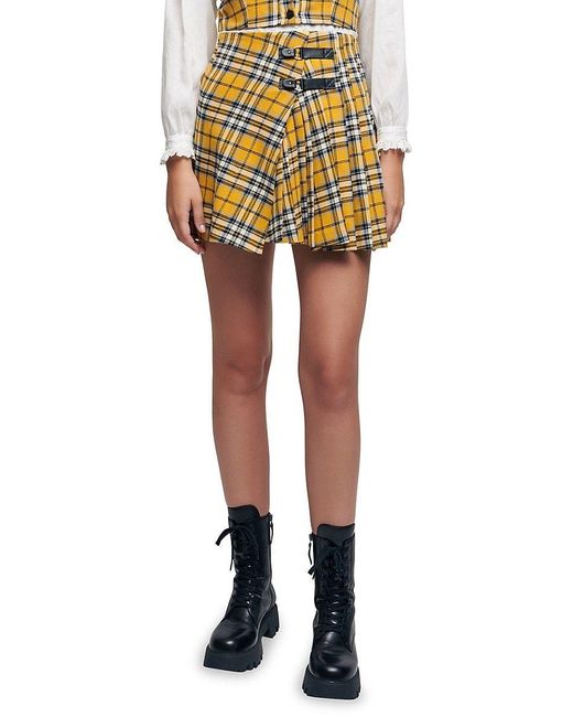 Maje Yellow Tartan Plaid Pleated Mini Skirt