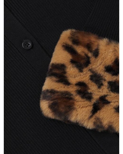 Saks Fifth Avenue Black Ribbed Faux-Fur Trim Midi-Sweater Dress