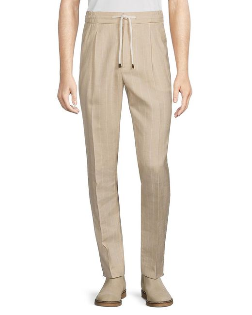 Brunello Cucinelli Natural Leisure Fit Striped Drawstring Linen Blend Pants for men
