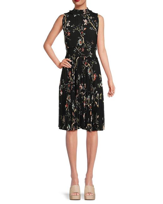 Nanette Lepore Black Pleated Floral Fit & Flare Midi Dress