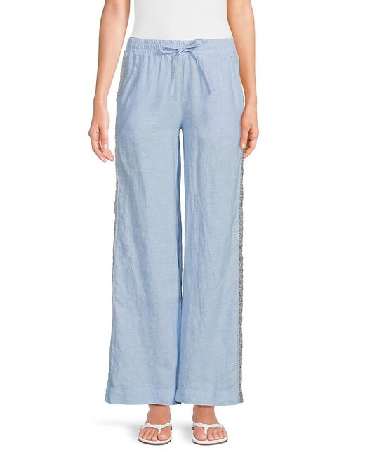 Saks Fifth Avenue Blue Sequin Trim 100% Linen Pants