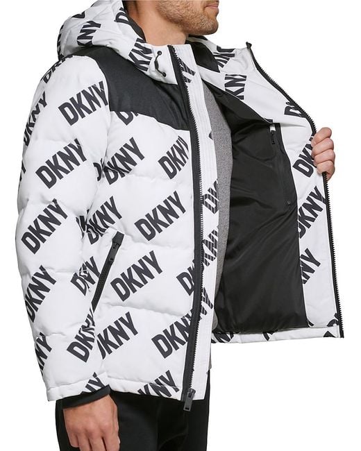 DKNY White Classic Fit Logo Hooded Puffer Jacket for men