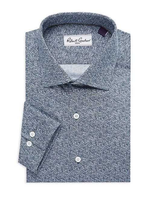 Robert Graham Blue Tailored Fit Leaf Print Dress Shirt for men