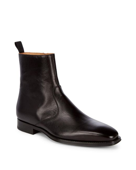 Magnanni Shoes Black Side Zip Leather Ankle Boots for men