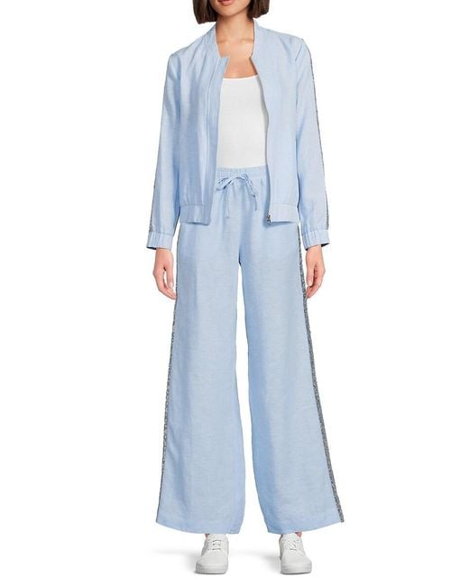 Saks Fifth Avenue Blue 100% Linen Sequin Trim Straight Pants