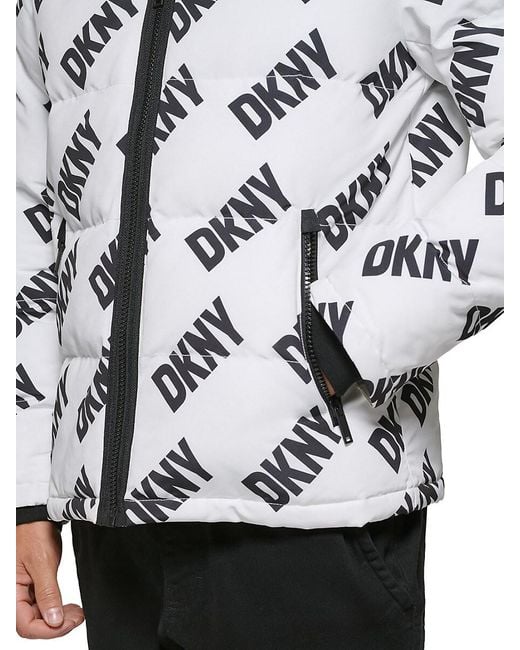 DKNY White Classic Fit Logo Hooded Puffer Jacket for men