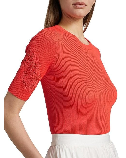 Tahari Red The Magnolia Lace-Trimmed Sweater
