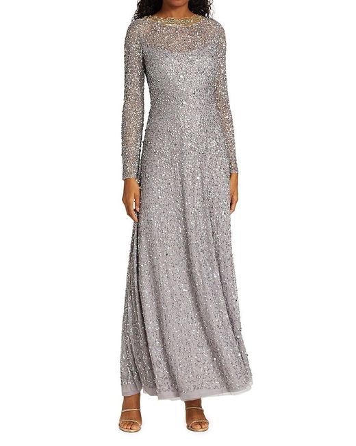 Reem Acra Gray Sequin Embroidered Gown