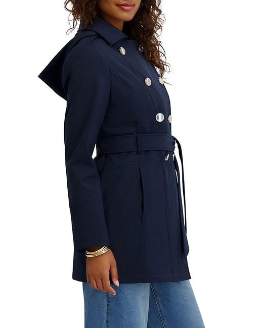 Kensie Blue Softshell Double-Breasted Trench Coat