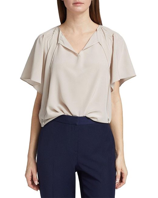 Tahari Blue Flutter Sleeve Silk Blouse