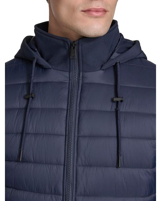 Kenneth Cole Men's Blue Mixed-Media Quilted Hooded Slim Fit Jacket
