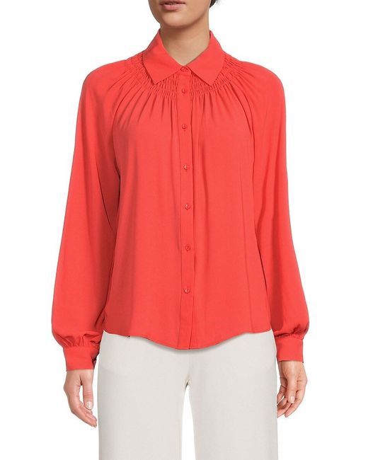 Tahari Red Sheer Smocked Button Down Shirt