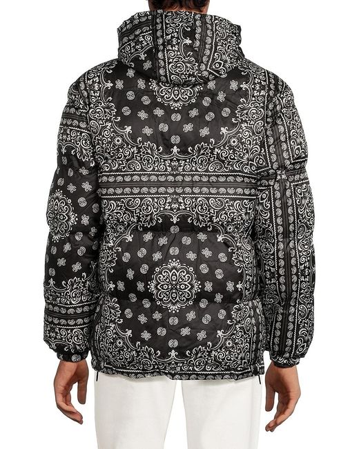 Crooks and Castles Black Paisley Hooded Puffer Jacket for men
