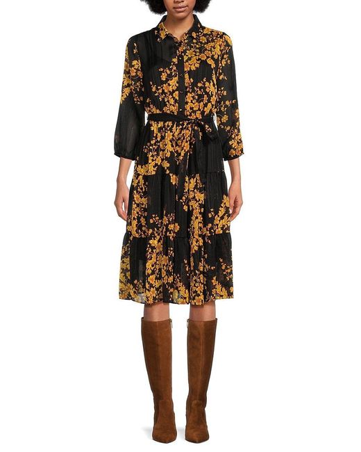 Nanette Lepore Floral Belted Midi Shirt Dress in Black | Lyst