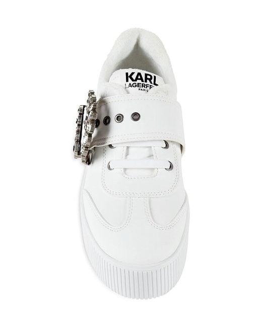 Karl Lagerfeld White Embellished Buckle Platform Sneakers