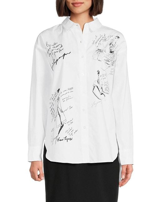Karl Lagerfeld Gray Sketch Graphic High Low Shirt