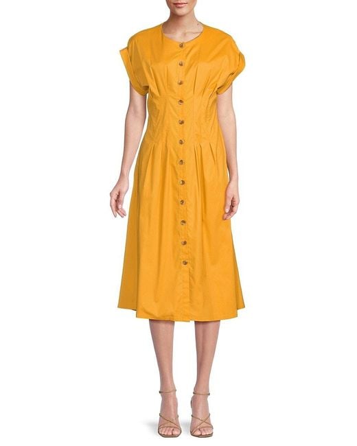Calvin Klein Yellow Pleated Cotton-Blend Midi A-Line Dress