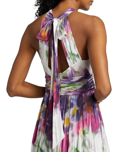 Kobi Halperin Purple Nava Floral Metallic-Satin Halterneck Maxi Dress