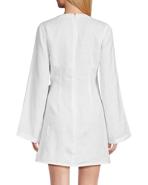 Saks Fifth Avenue White Solid 100% Linen Wrap Minidress