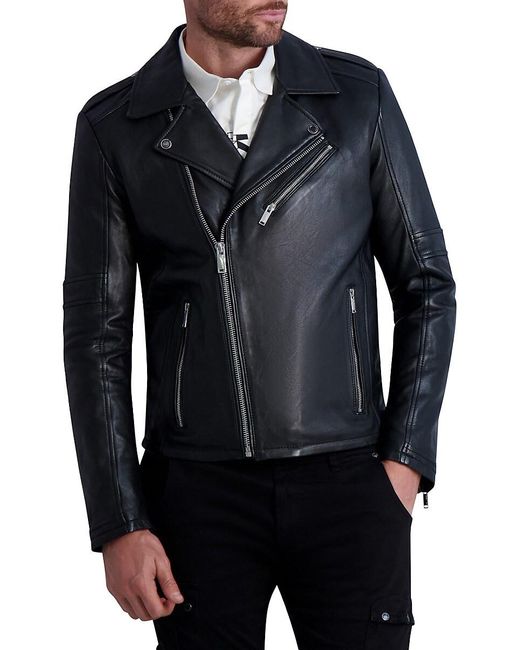 Karl Lagerfeld Black Leather Notch Lapel Moto Jacket for men