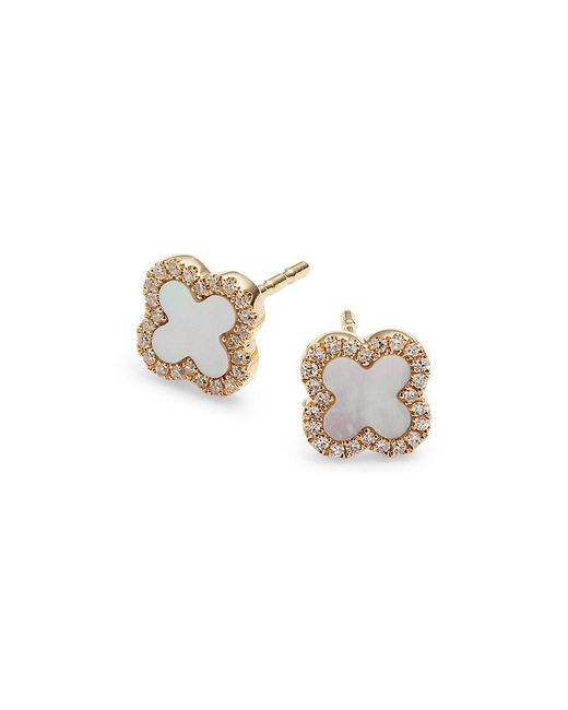 Saks Fifth Avenue White Saks Fifth Avenue 14k Yellow Gold, Diamond & Mother Of Pearl Clover Stud Earrings