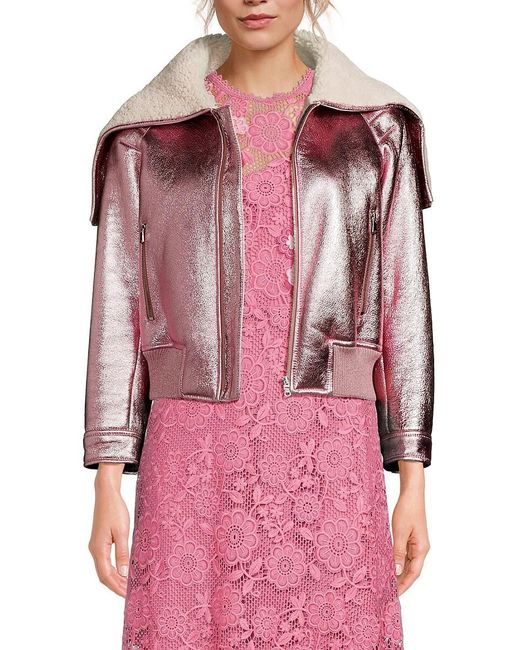 RED Valentino Shearling Lined Metallic Leather Biker Jacket in