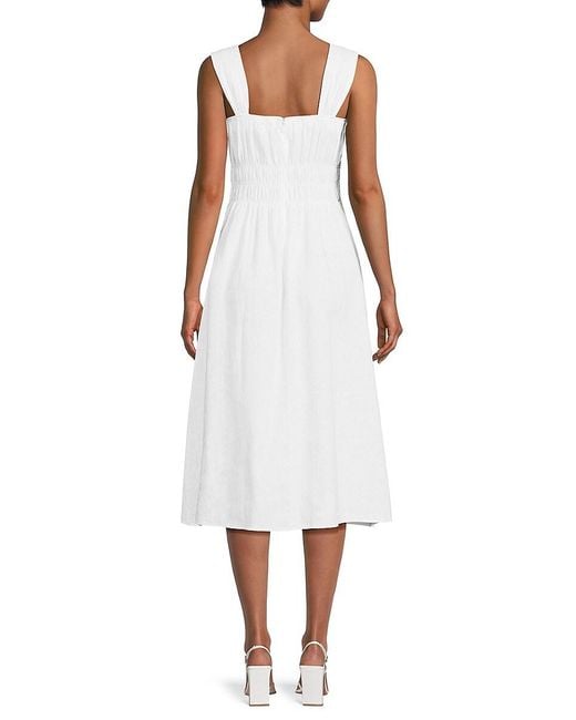 Saks Fifth Avenue White Smocked 100% Linen Midi Dress