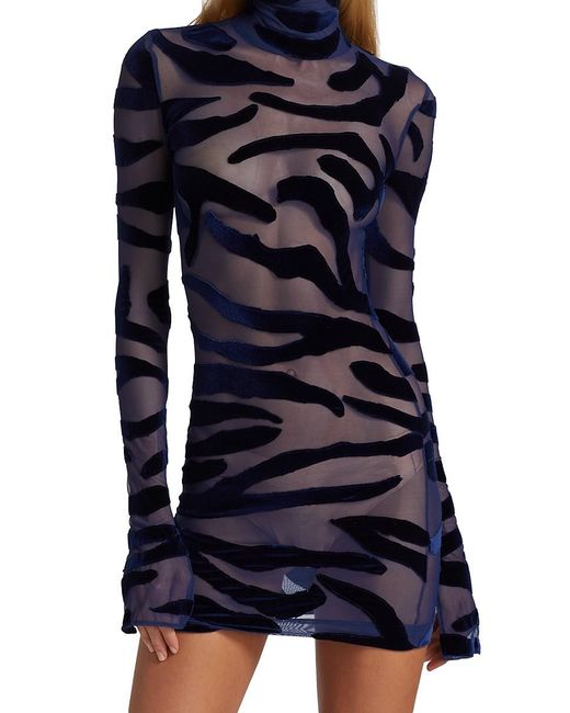 LAQUAN SMITH Blue Tiger Print Mesh & Velvet Mini Dress