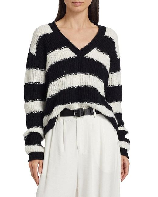 ATM Black Wool Blend Stripe V-neck Sweater