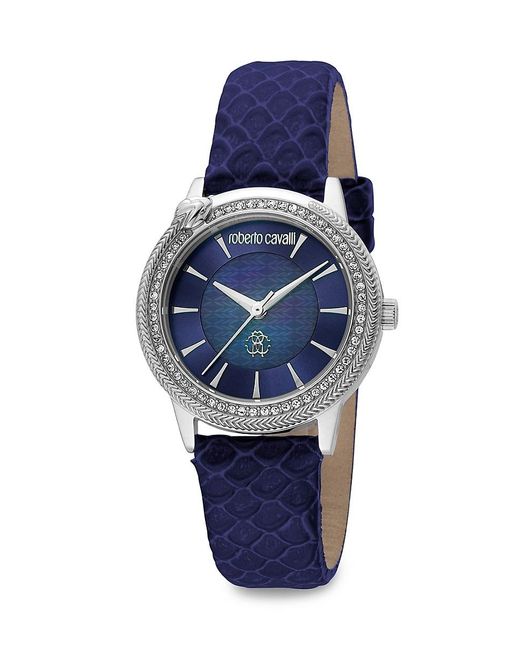 Roberto Cavalli Blue 32mm Stainless Steel, Crystal, Mother Of Pearl & Leather Strap Watch