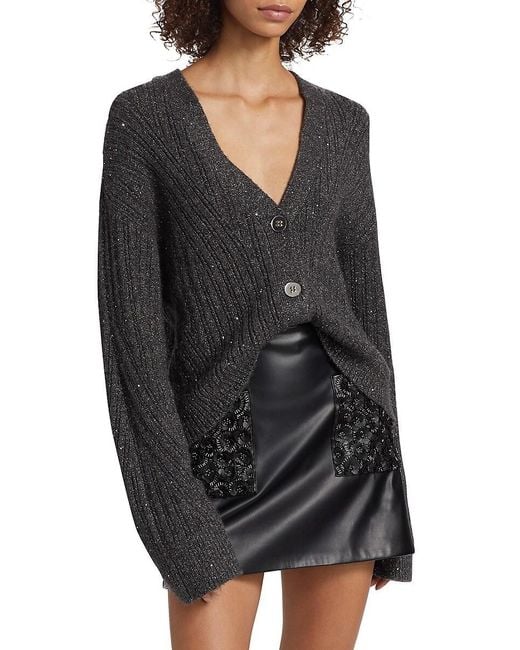 Ramy Brook Black Cornelius Metallic Rib-Knit V-Neck Cardigan