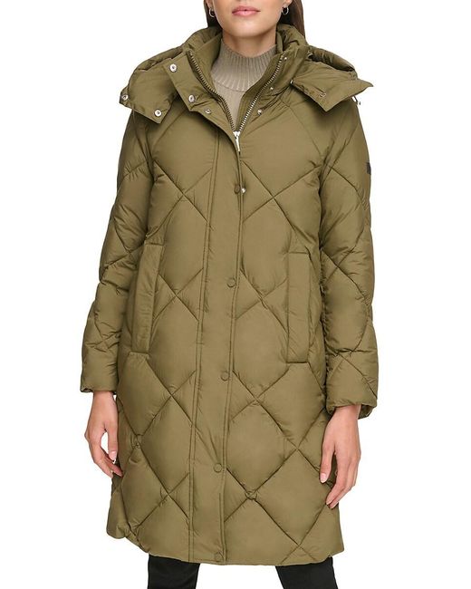 DKNY Green Diamond Quilted & Hooded Puffer Coat