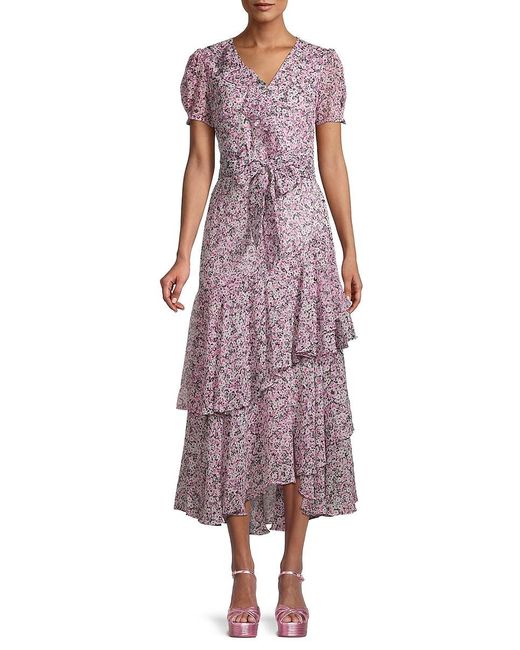Karl Lagerfeld Synthetic Floral Ruffle Midi Dress In Fuchsia Purple Purple Lyst Canada