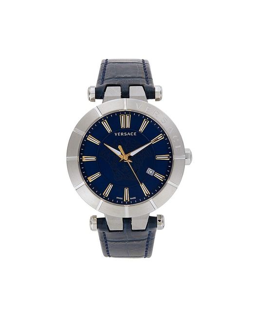Versace 43mm Stainless Steel & Leather Strap Watch in Sapphire (Blue