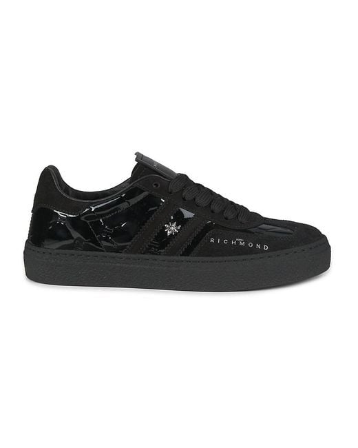 John Richmond Black Patent Leather Suede Low-Top Sneakers