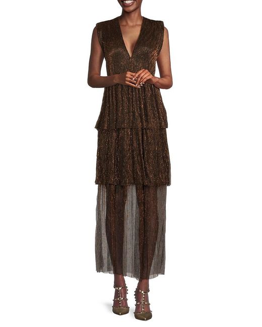 MELLODAY Brown Metallic Tiered Maxi Dress