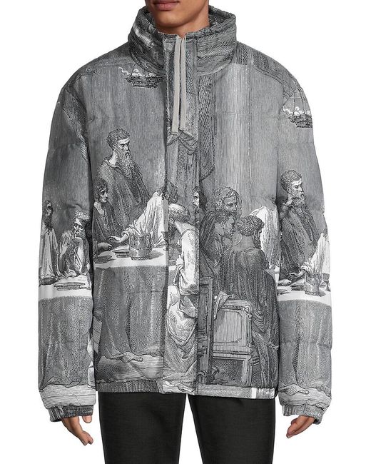 American Stitch Gray Last Supper-print Puffer Jacket for men