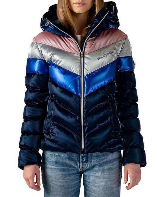 Woodpecker Blue Hooded Puffer Jacket with Zip Front