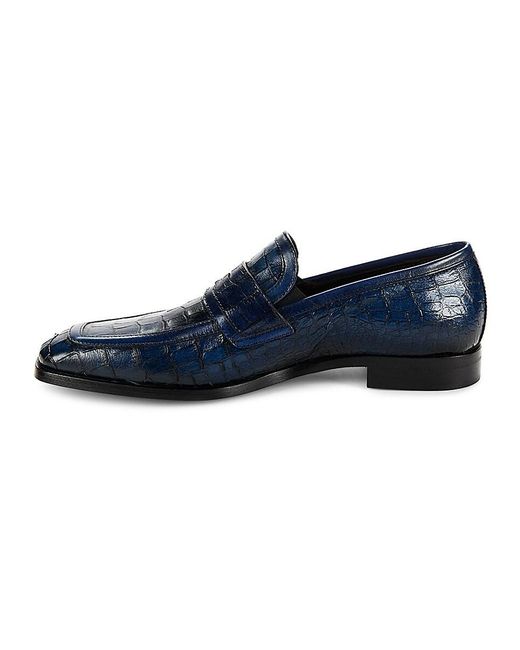 Jo Ghost Blue Croc Embossed Leather Penny Loafers for men