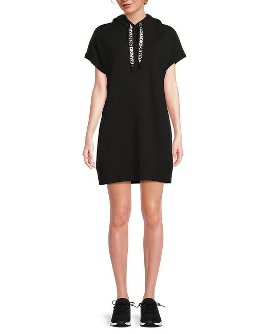 DKNY Black Two-Tone Logo Hooded Minidress
