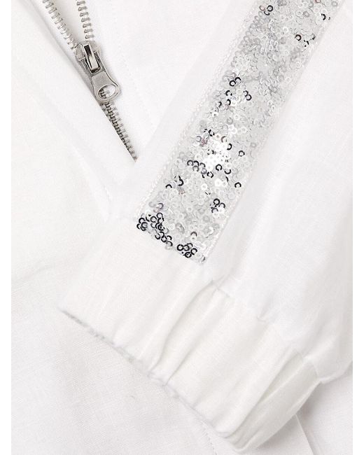 Saks Fifth Avenue White 100% Linen Sequin Stripe Bomber Jacket