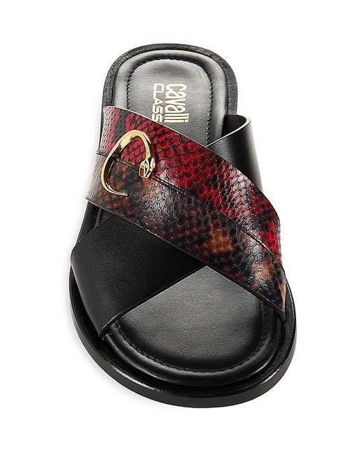 Class Roberto Cavalli Black Python Embossed Leather Crossover Sandals for men