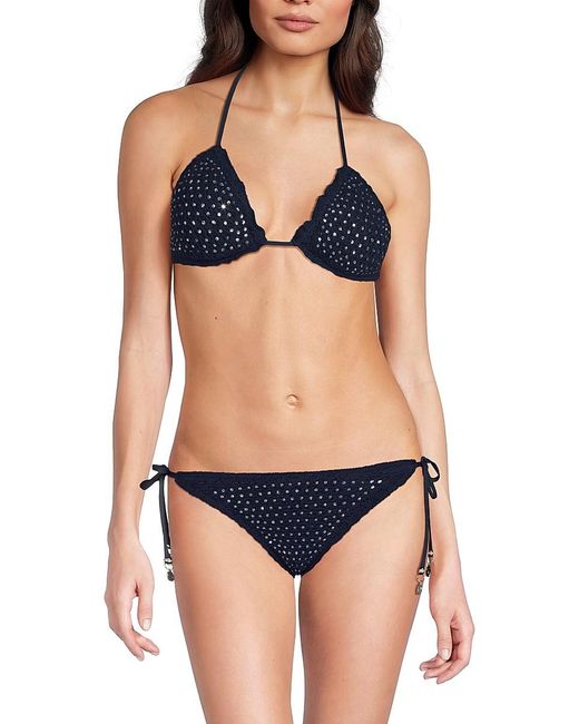 MILLY Blue Crystal Studded Halter-Neck Crochet Bikini Top