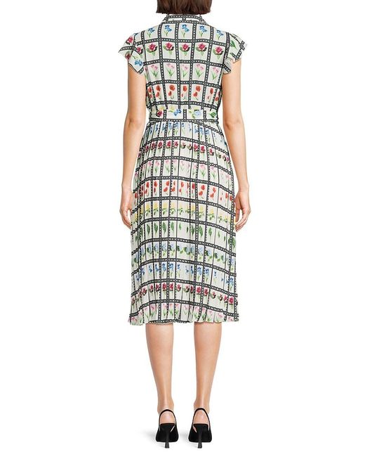Tahari Multicolor Floral-Grid Flutter-Sleeve Midi-Dress