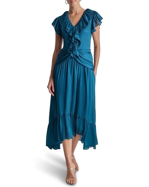 DKNY Blue Sleeveless V-Neck Ruffle Crinkle Fit-And-Flare Midi-Dress